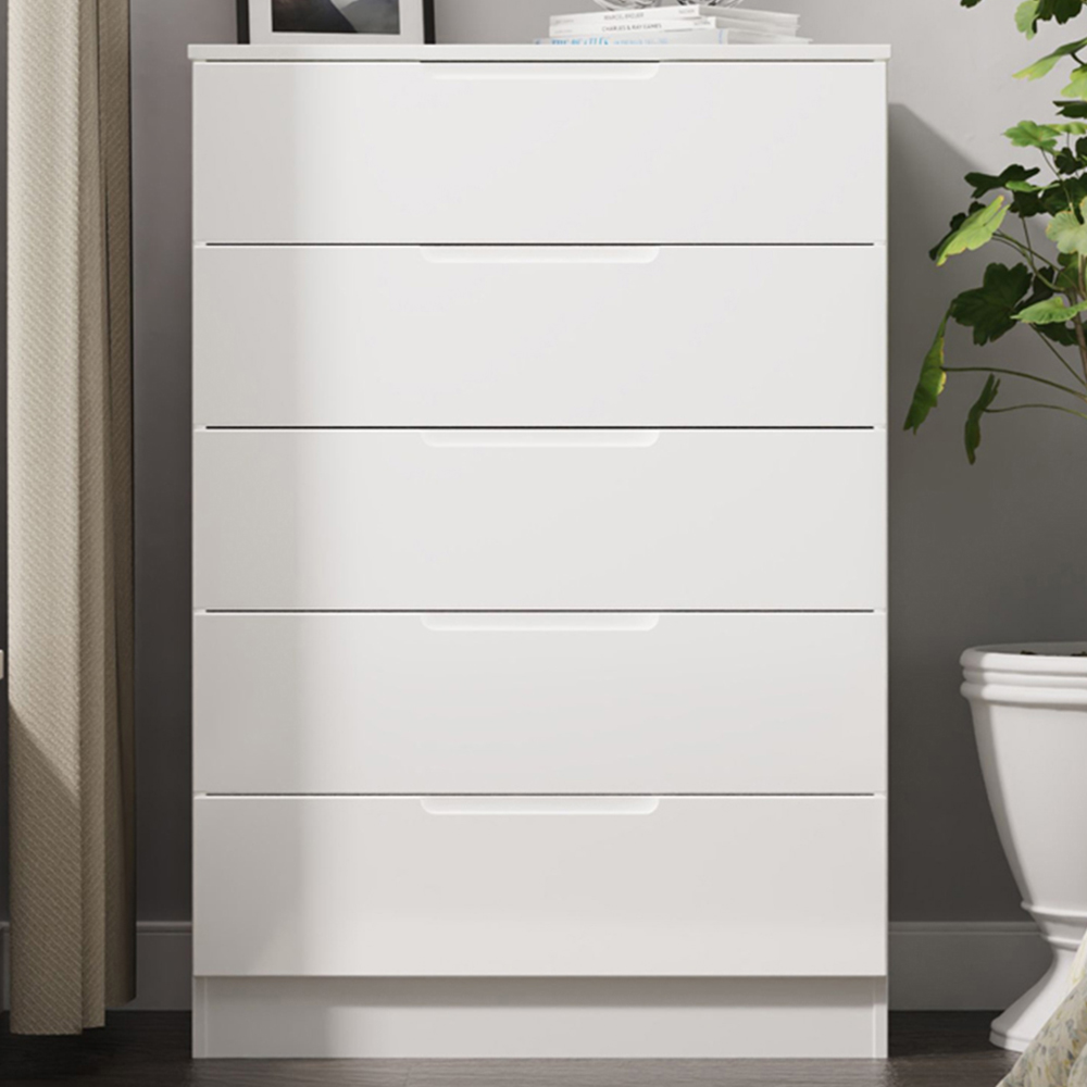 Crowndale Milan 5 Drawer White Gloss and White Chest of Drawers Ready Assembled Image 1