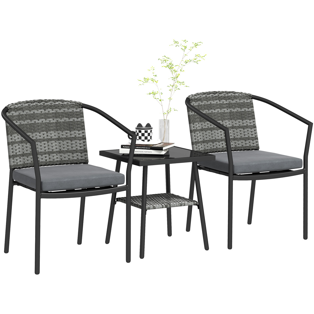 Outsunny 2 Seater Grey and Black Rattan Bistro Set with Cushions Image 2