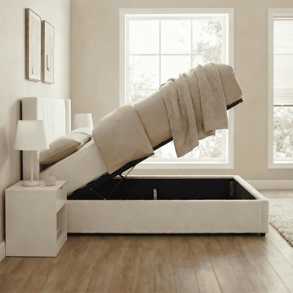Home Source Alix Double White Boucle Lift-Up Ottoman Bed with Fluted Headboard Image 4