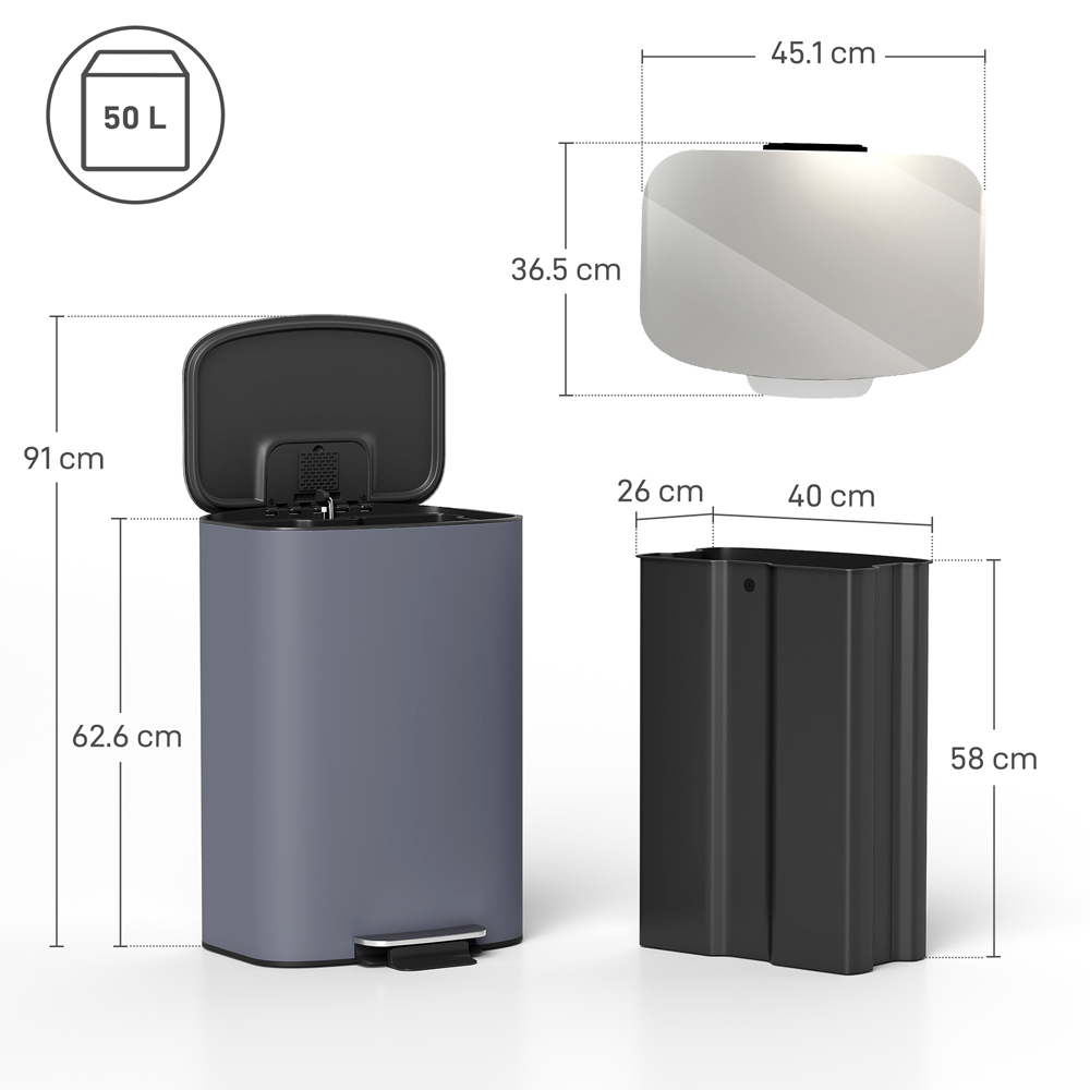 HOMCOM Grey Pedal Bin with Soft-Close Lid and Carry Handle 50L Image 9