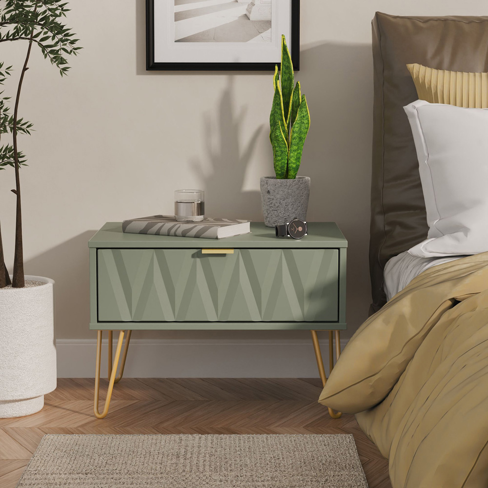 Crowndale Diamond Single Drawer Reed Green Wide Side Table Ready Assembled Image 7