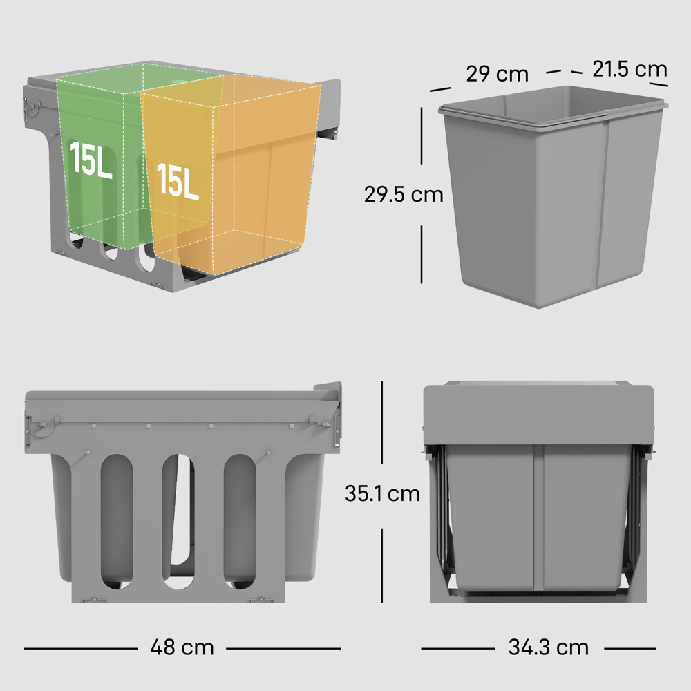 HOMCOM Light Grey Soft-Close Pull Out Double Under Sink Bin 30L Image 9
