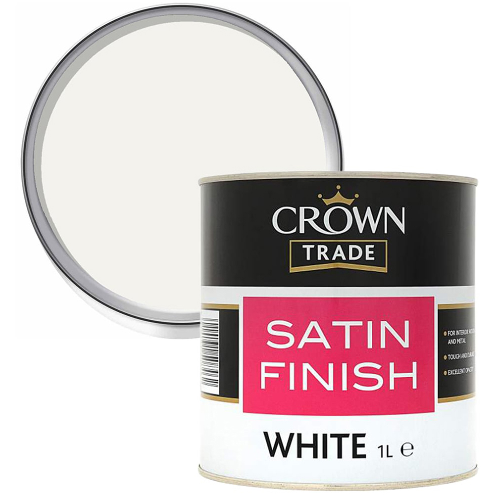 Crown Trade White Satin Finish Paint 1L Image 1