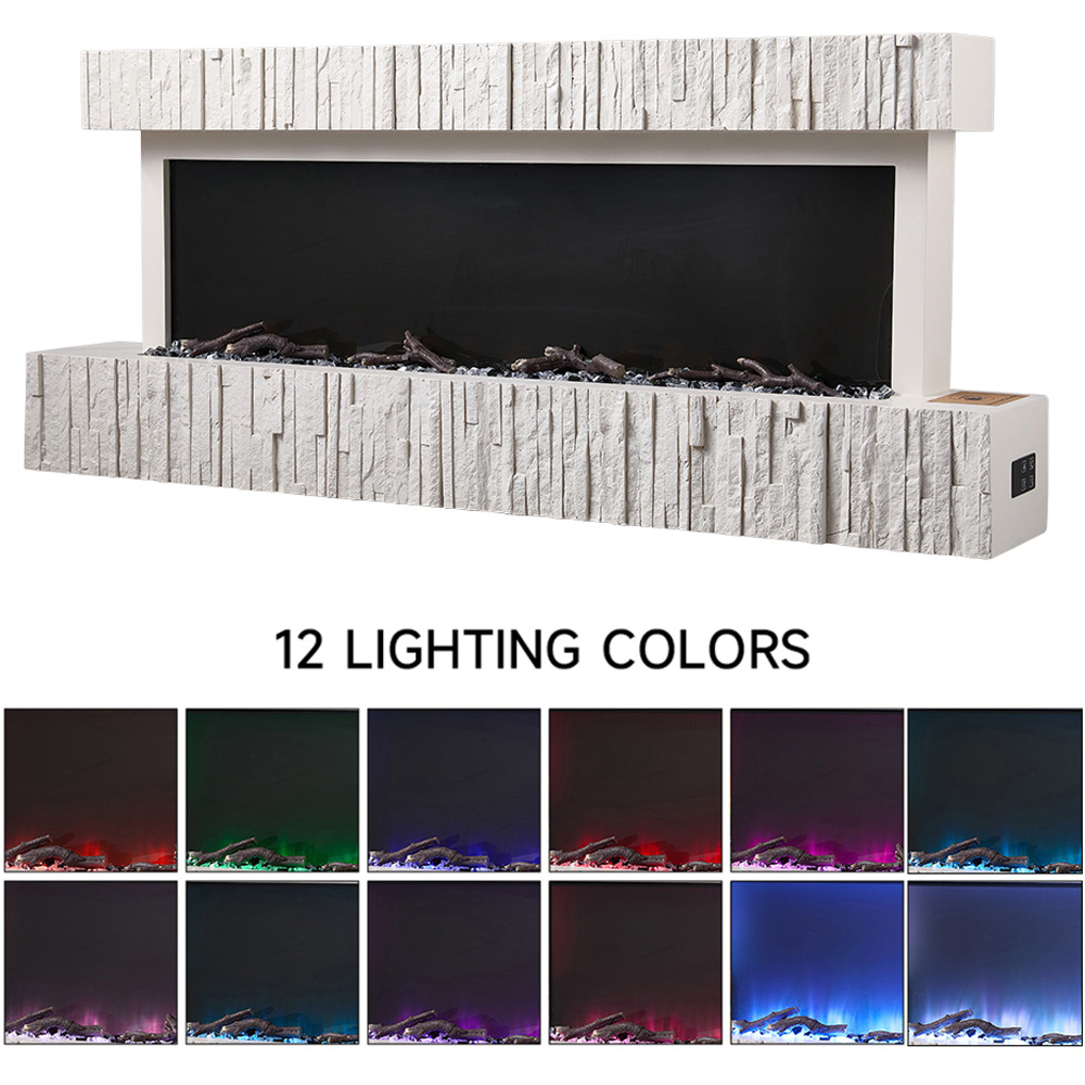 Living and Home White Wall Mounted Electric Fireplace with Resin Fake Firewood Image 7