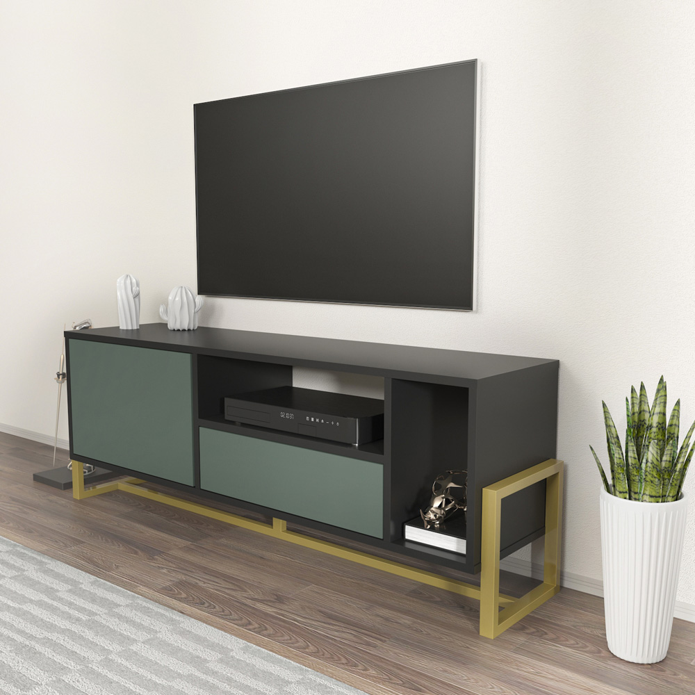 Decorotika Utopie Single Drawer Single Door 2 Shelf Black and Green TV Unit Image 8