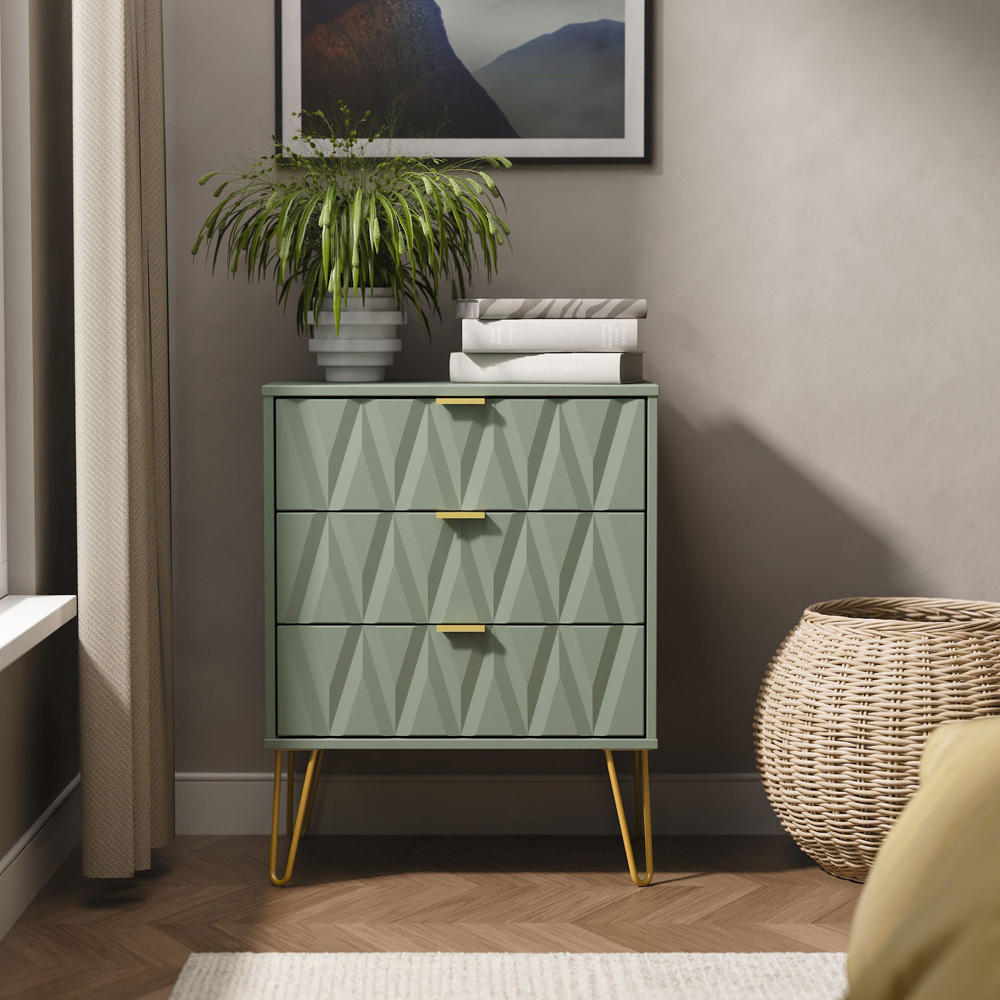 Crowndale Diamond 3 Drawer Reed Green Midi Chest of Drawers Ready Assembled Image 7