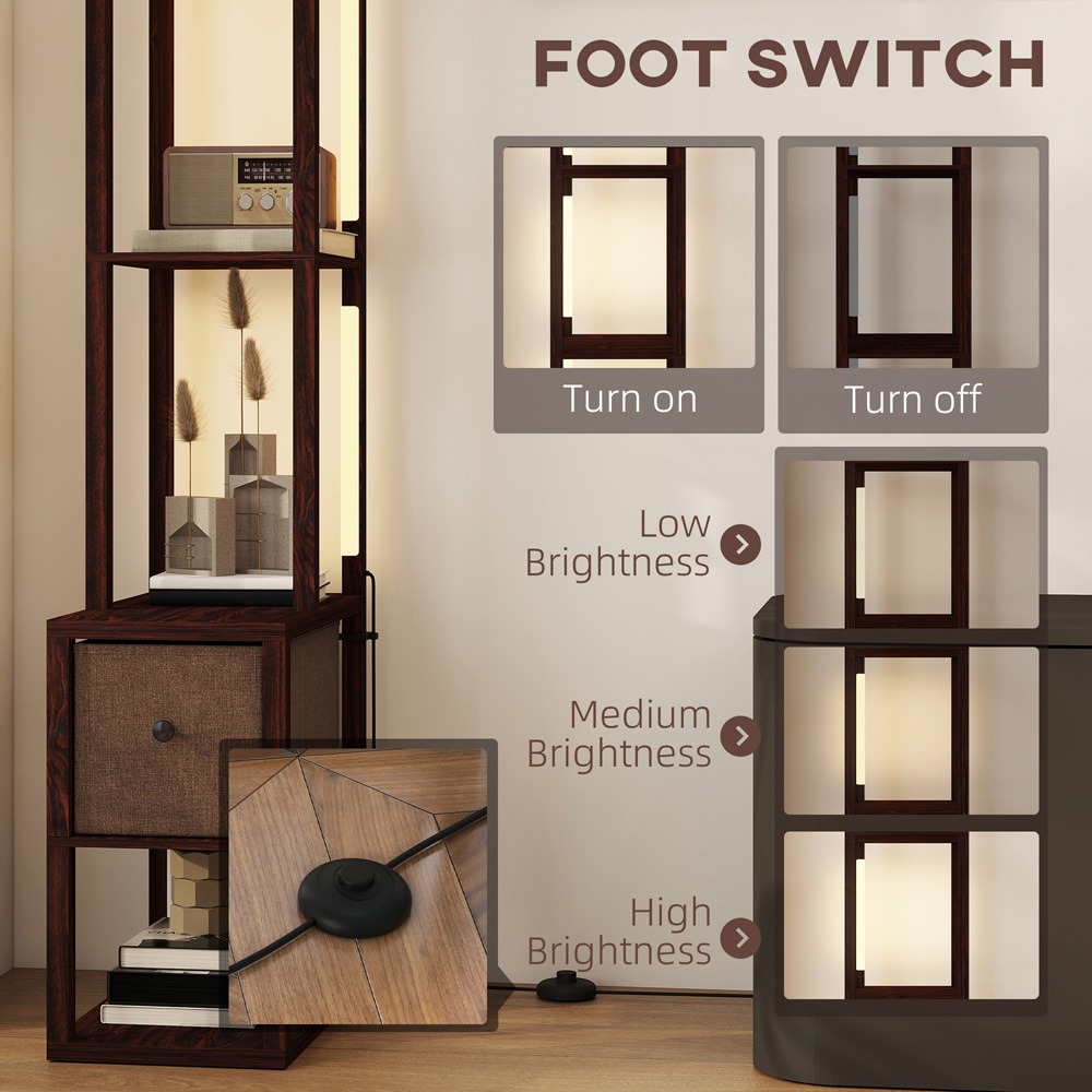 HOMCOM Single Drawer 4 Shelf Brown LED Floor Lamp Image 6