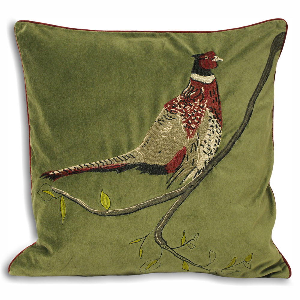 Paoletti Hunter Green Velvet Pheasant Cushion Image