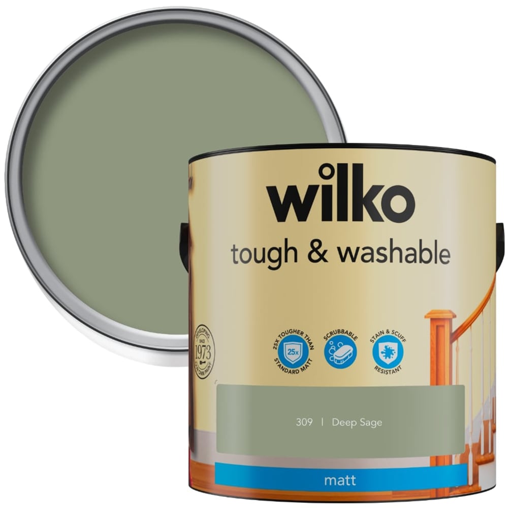 Wilko Tough & Washable Deep Sage Matt Emulsion Paint 2.5L Image 1