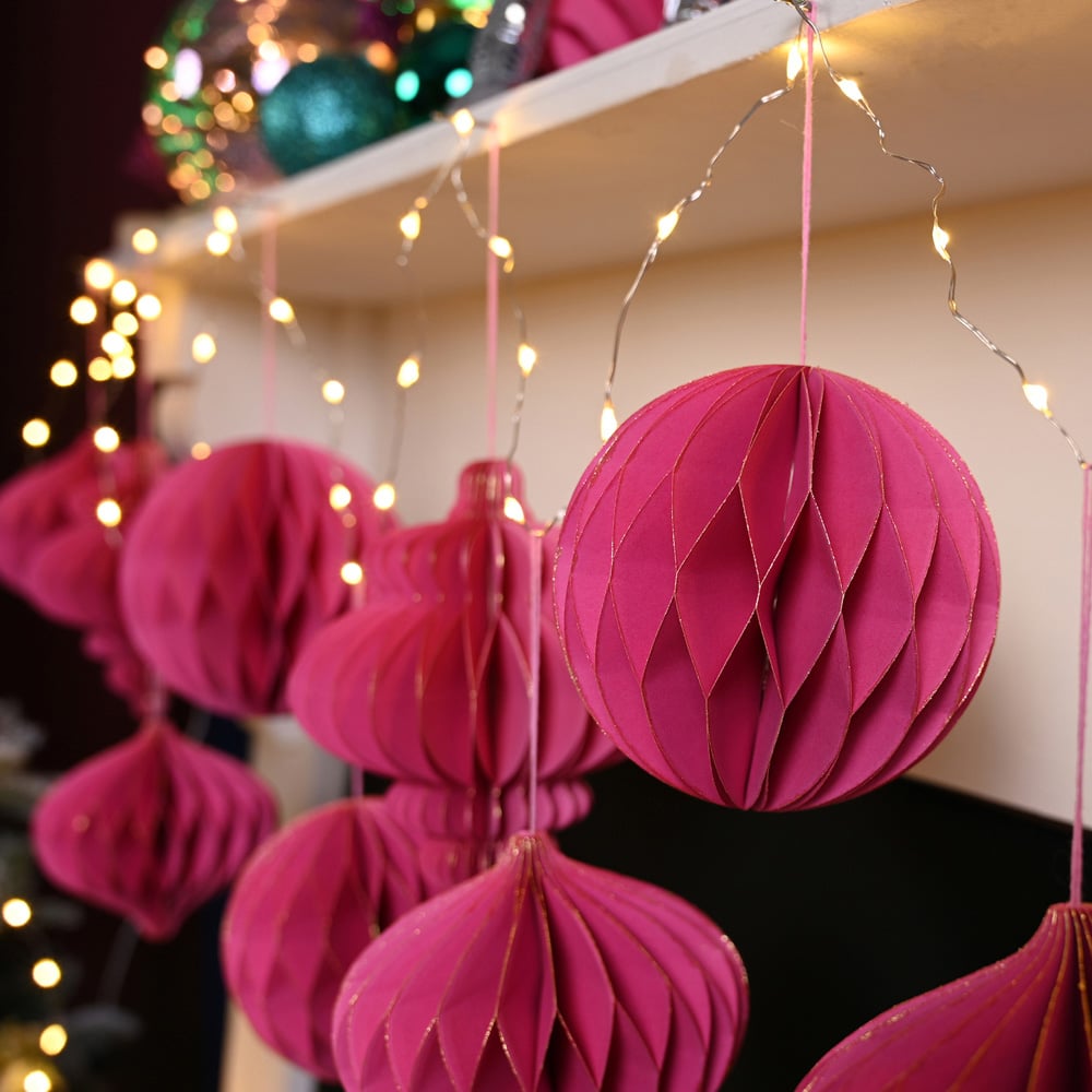 The Seasonal Gift Co Hot Pink Paper Ornate Bauble with Gold Edge 15cm 2 Pack Image 2