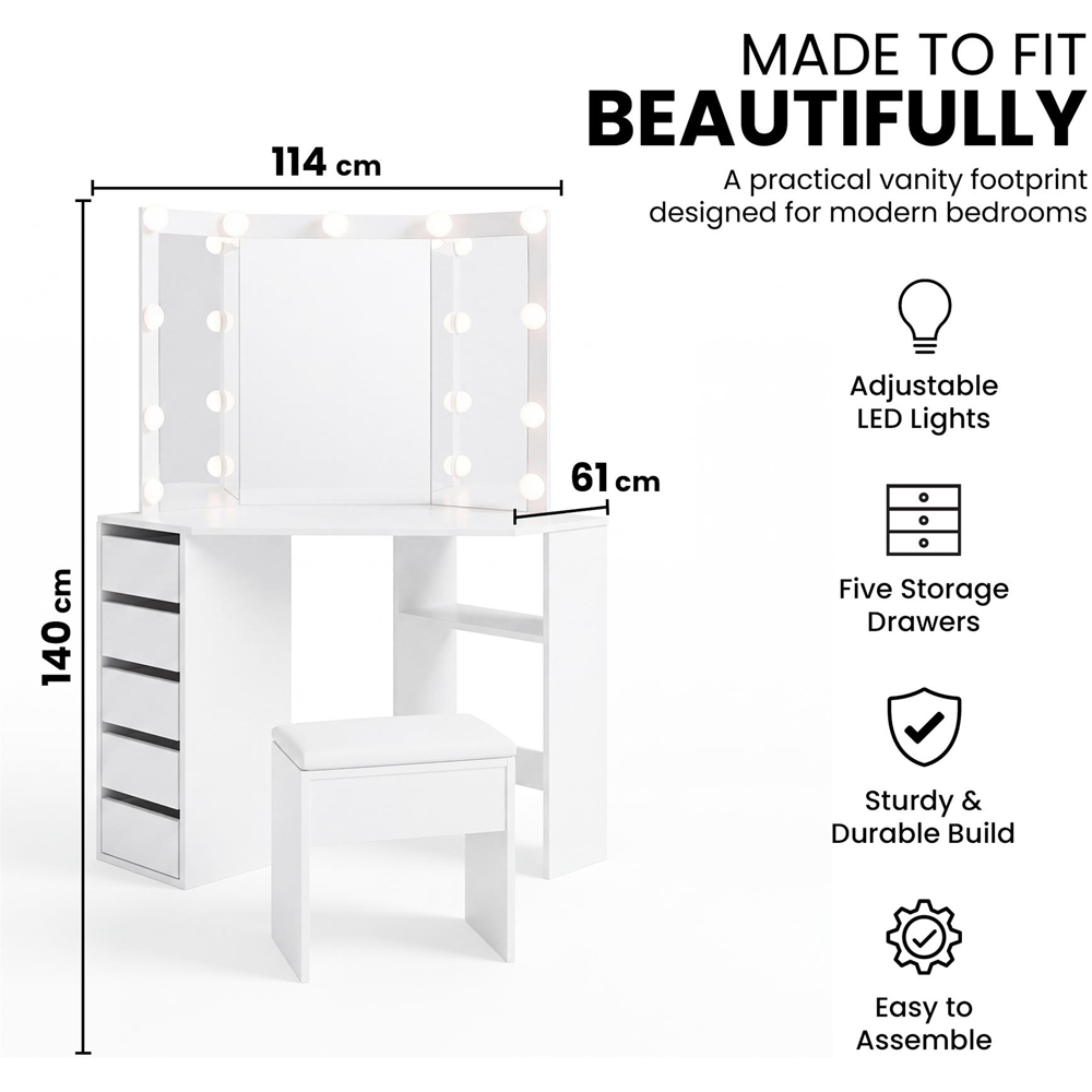 Portland 5 Drawer White Corner Dressing Table Set with LED Mirror Image 8