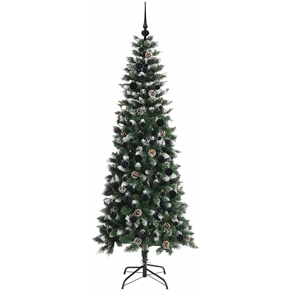 vidaXL Pre-Lit Black Baubles Green Artificial Snow Tipped Christmas Tree 7ft Image 4