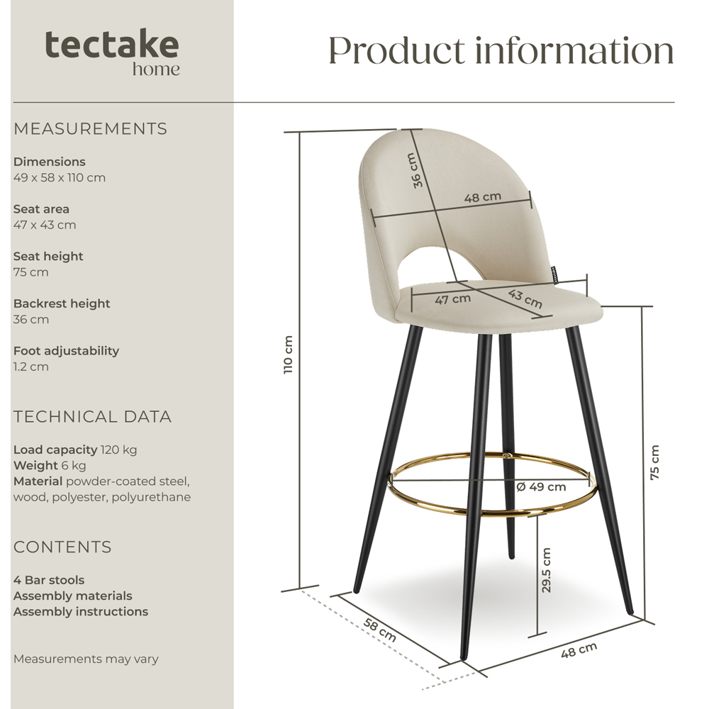 tectake Rachel Cream and Black Velvet Look Bar Stool Set of 4 Image 8