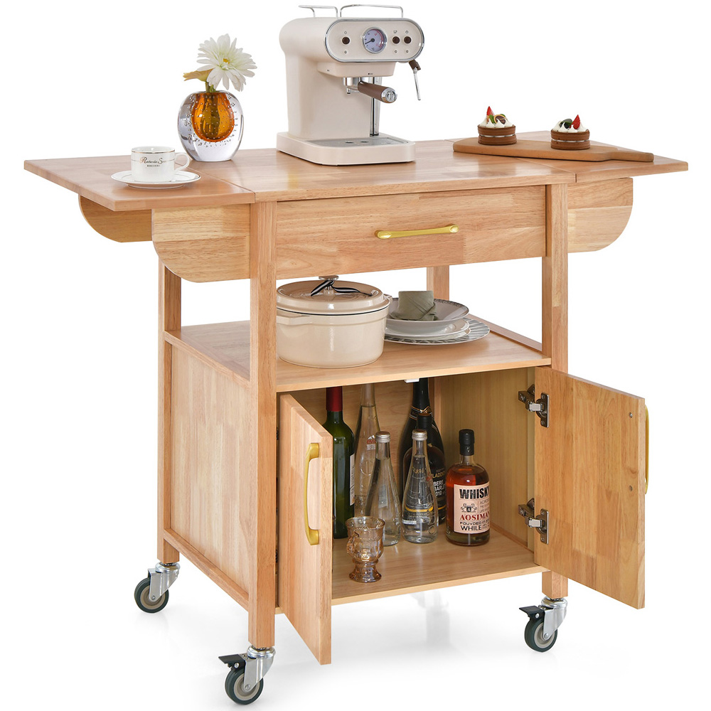 Costway 2 Door Single Drawer Natural Drop Leaf Kitchen Island Trolley Image 3