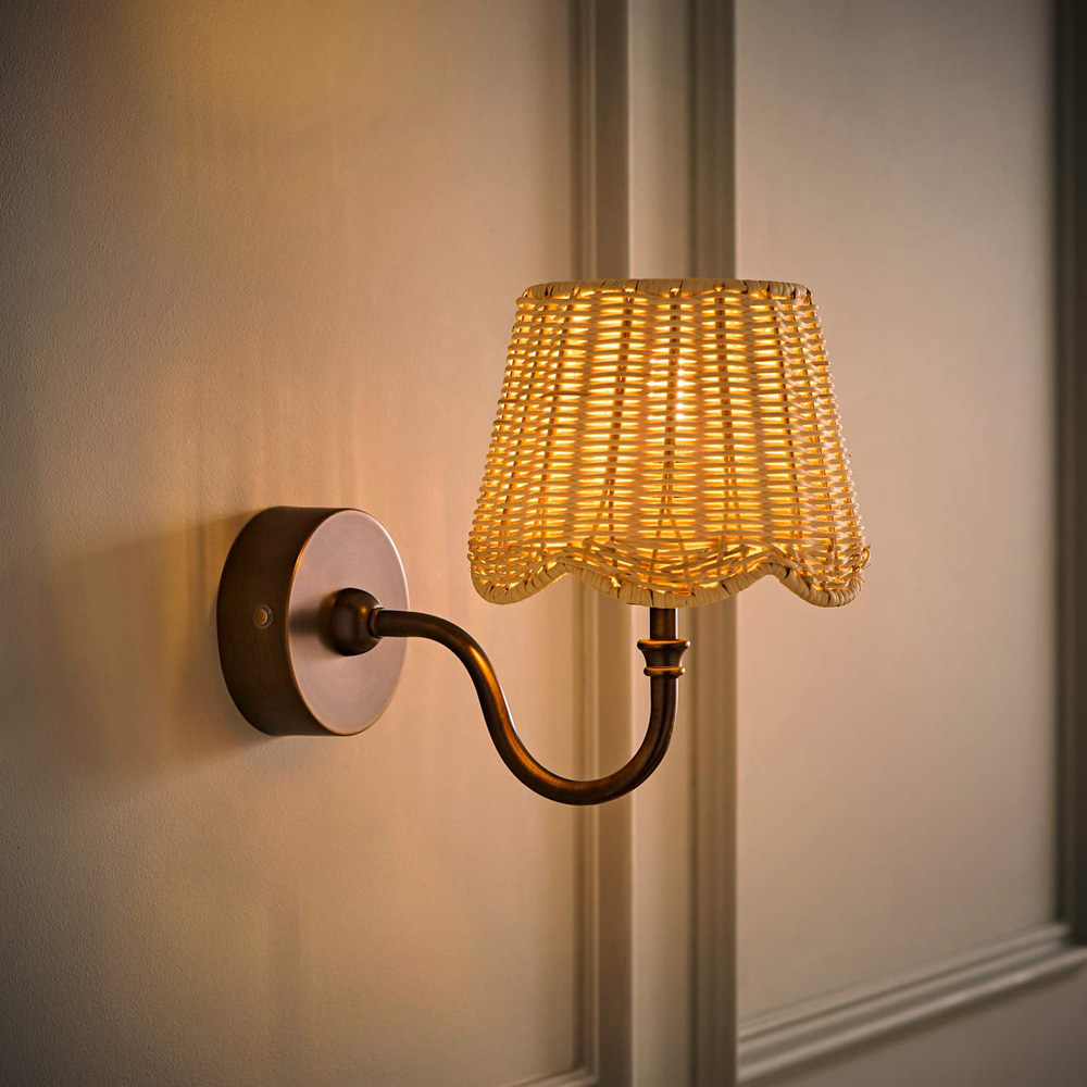 ValueLights Lowe Rattan Taper Shade Brass Portable Rechargeable Wall Light with Bulb Image 2