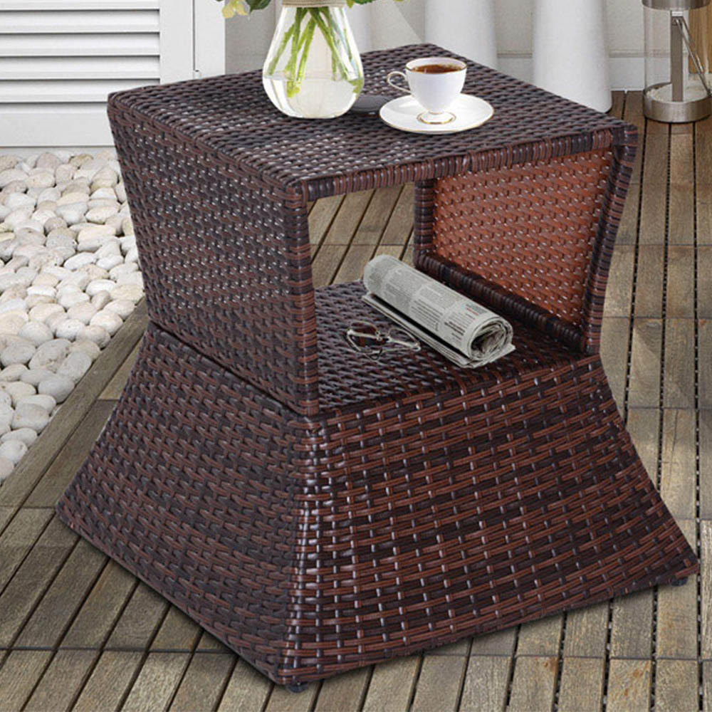 Outsunny Brown Wicker Bistro Side Table with Parasol Hole Image 1