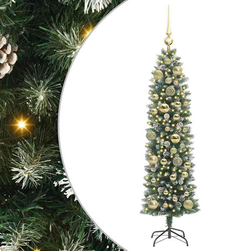 vidaXL Pre-Lit Warm White LED and Gold Baubles Green Slim Artificial Christmas Tree 4ft Image 7
