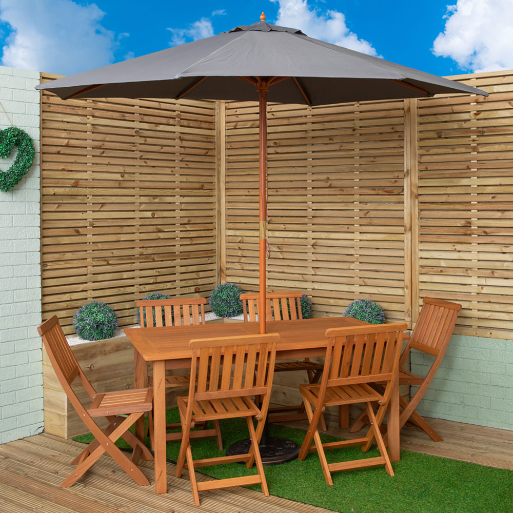 Samuel Alexander 6 Seater Wooden Rectangular Dining Set with Grey Parasol and Base Image 1