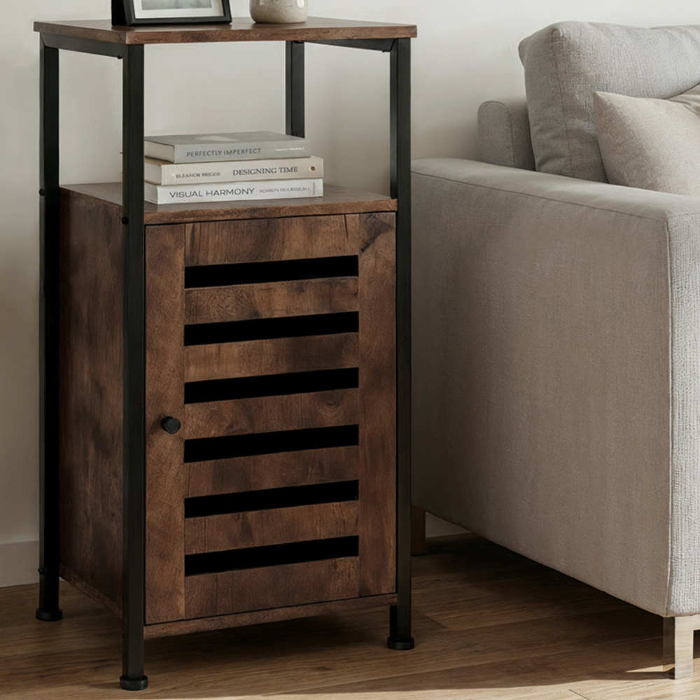 Tectake Durham Single Door Single Shelf Rustic Dark Wood Bedside Table Image 1