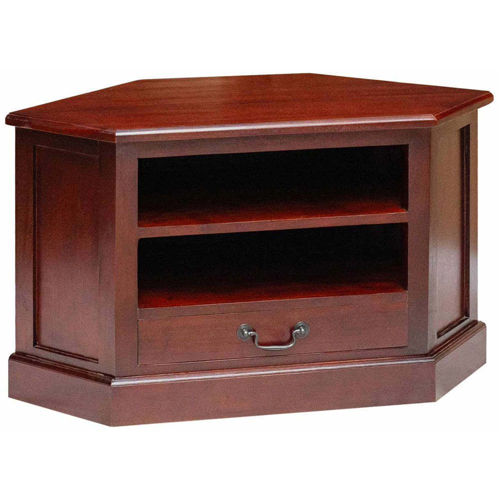 vidaXL Single Drawer 2 Shelf Brown Solid Mahogany Wood Corner TV Cabinet Image 2
