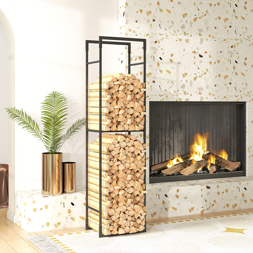 Outsunny Black Metal Firewood Log Holder with Adjustable Shelf 170 x 31 x 45cm Image 4