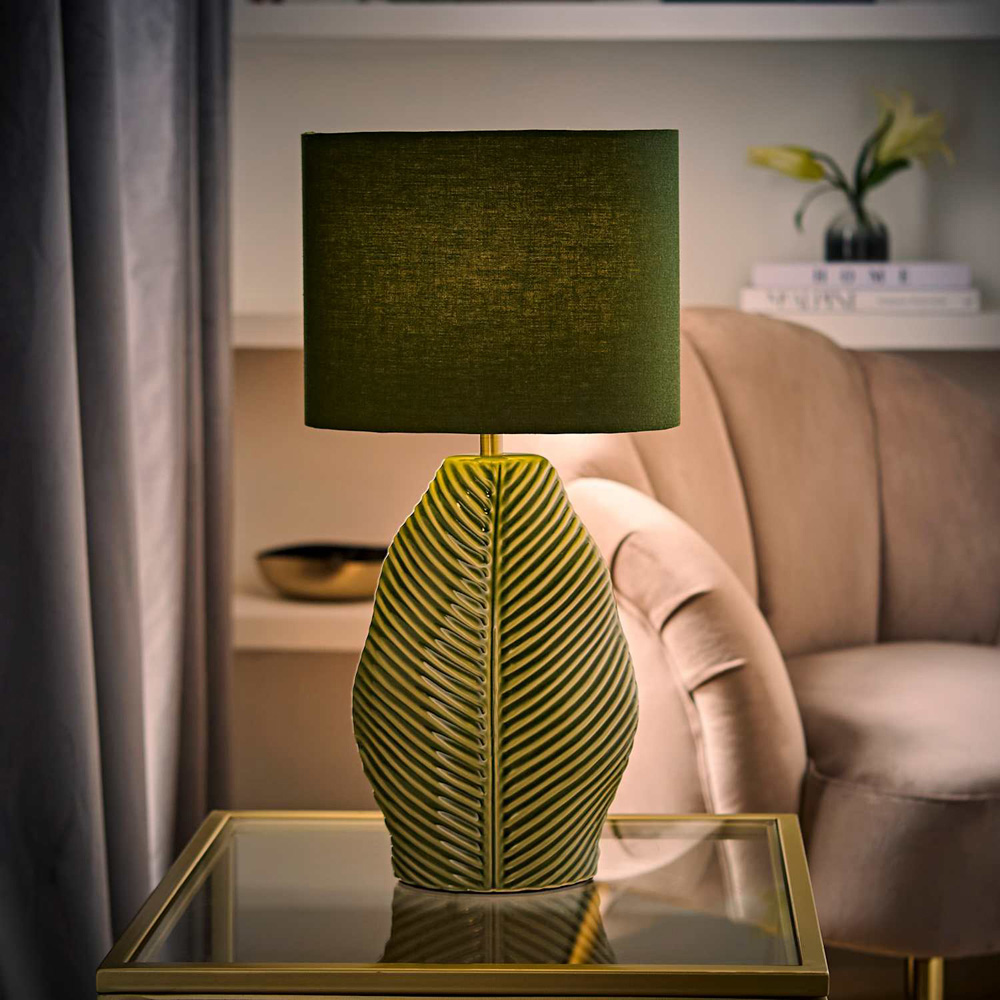 ValueLights Paloma Green Leaf Embossed Ceramic LED Table Lamp with Bulb Image 2