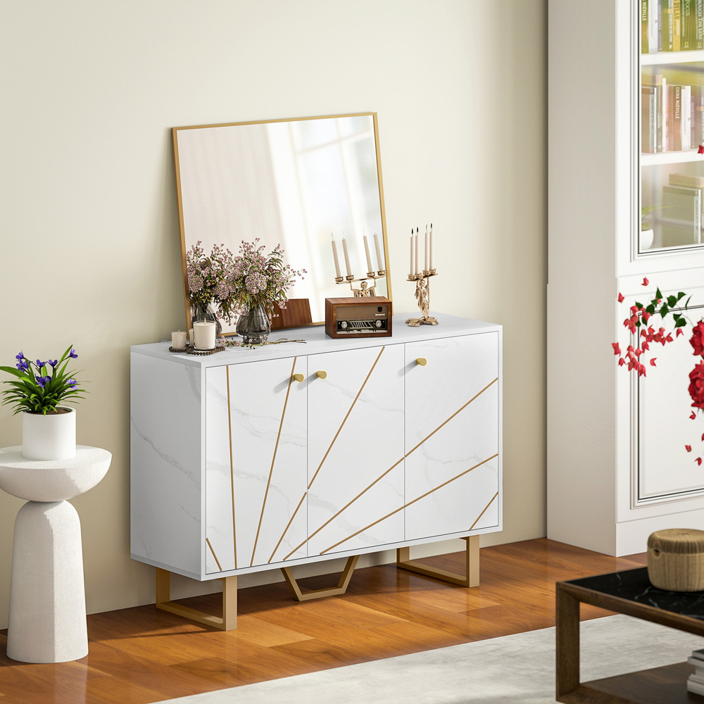 Portland 3 Door White and Gold Tone Marble Texture Sideboard Image 4