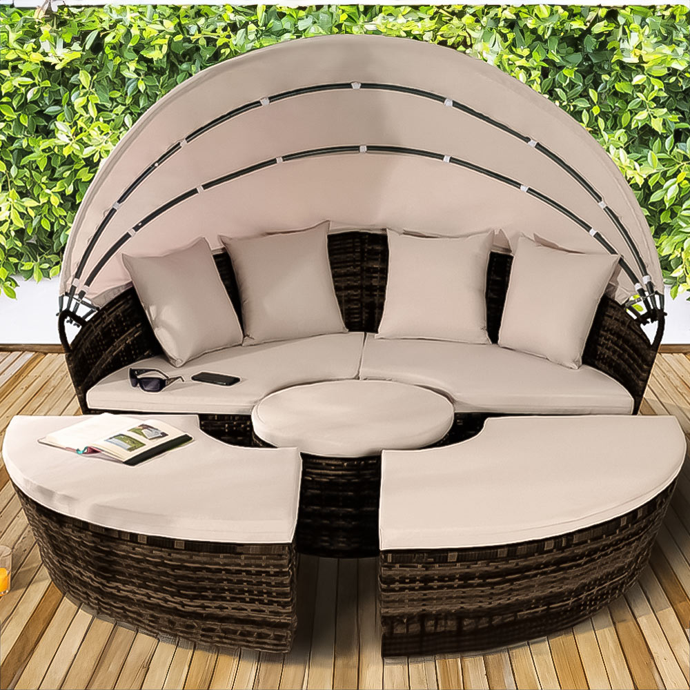 Brooklyn Luxury 8 Seater Brown Rattan Sun Lounger Sofa Set with Canopy and Cover 160cm Image 1