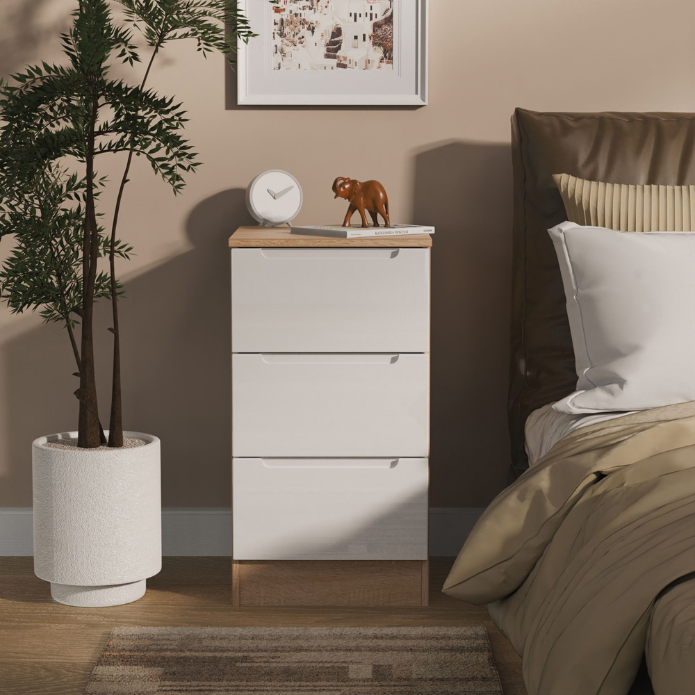 Crowndale Milan 3 Drawer White Gloss and Bardolino Oak Bedside Cabinet Ready Assembled Image 7