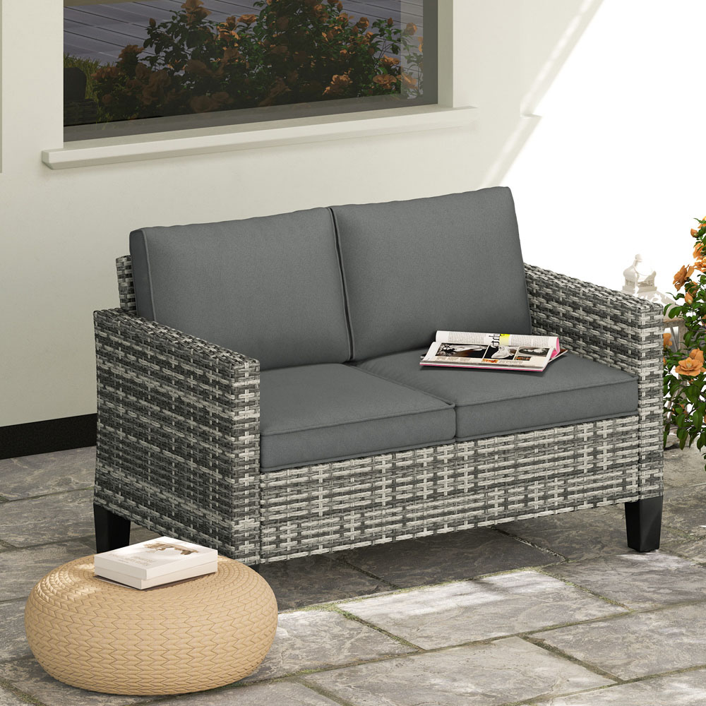 Outsunny 2 Seater Light Grey Cushion Rattan Garden Sofa Image 4