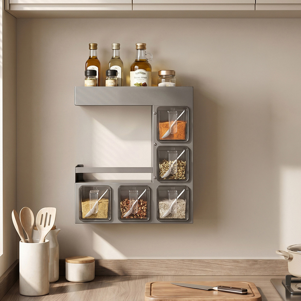 Living and Home 3-Tier Gunmetal Grey Wall Mounted Spice Rack with 5 Spoons Image 7