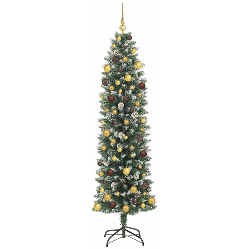 vidaXL Pre-Lit Gold and Bronze Baubles Green and White Artificial Slim Christmas Tree 7ft Image 4