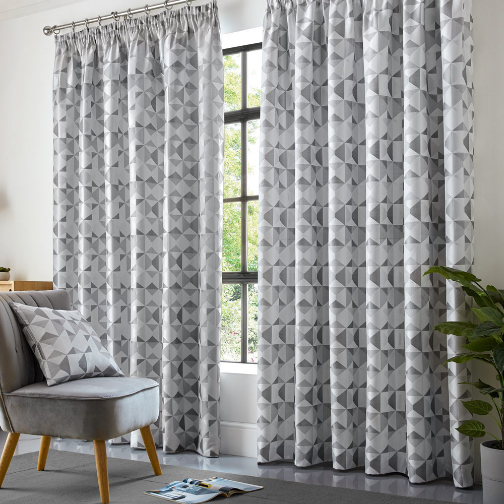 Alan Symonds Scandi Silver and Grey Jacquard Lined Pencil Pleat Taped Top Curtains 228 x 183cm Image 1