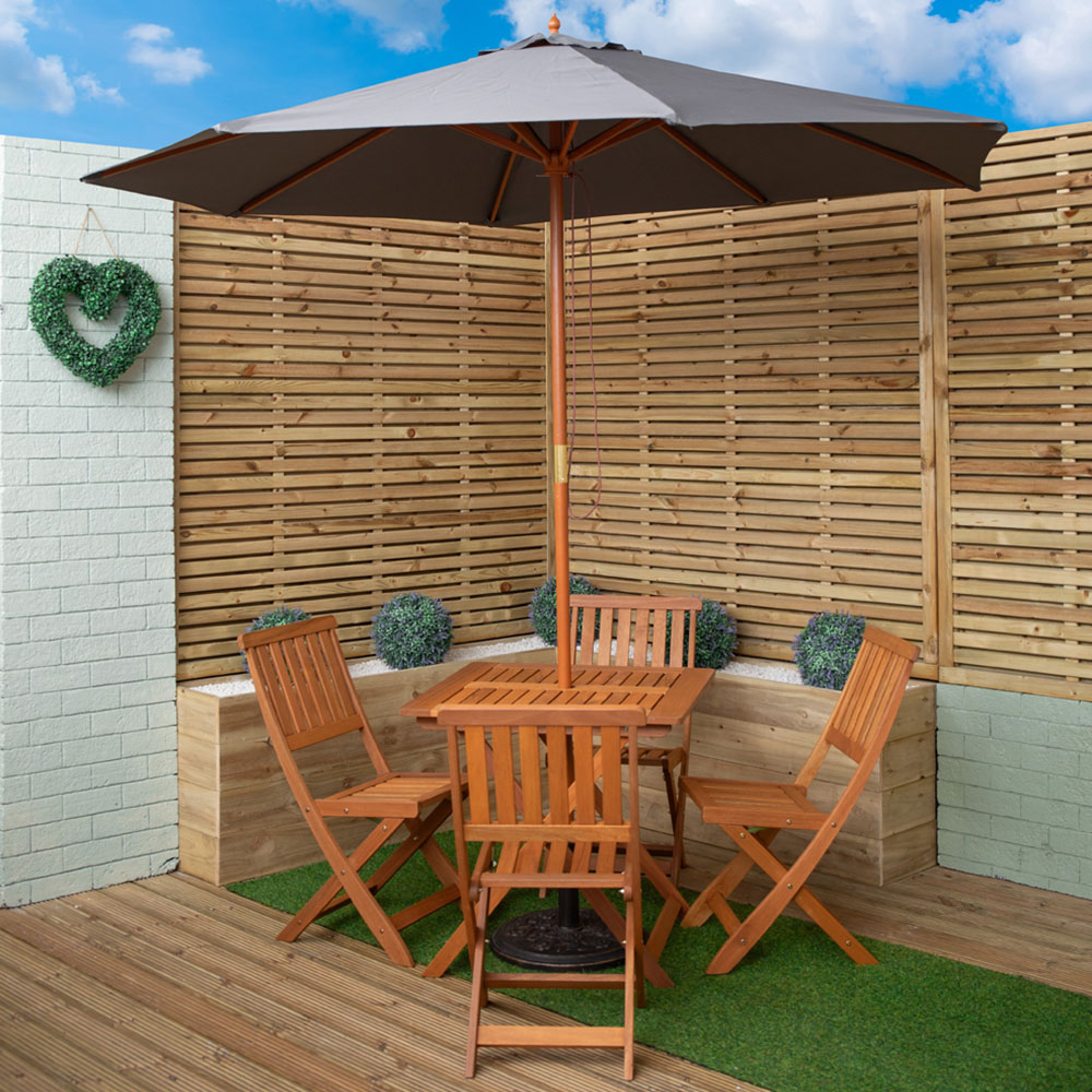 Samuel Alexander 4 Seater Wooden Square Foldable Dining Set with Grey Parasol and Base Image 1