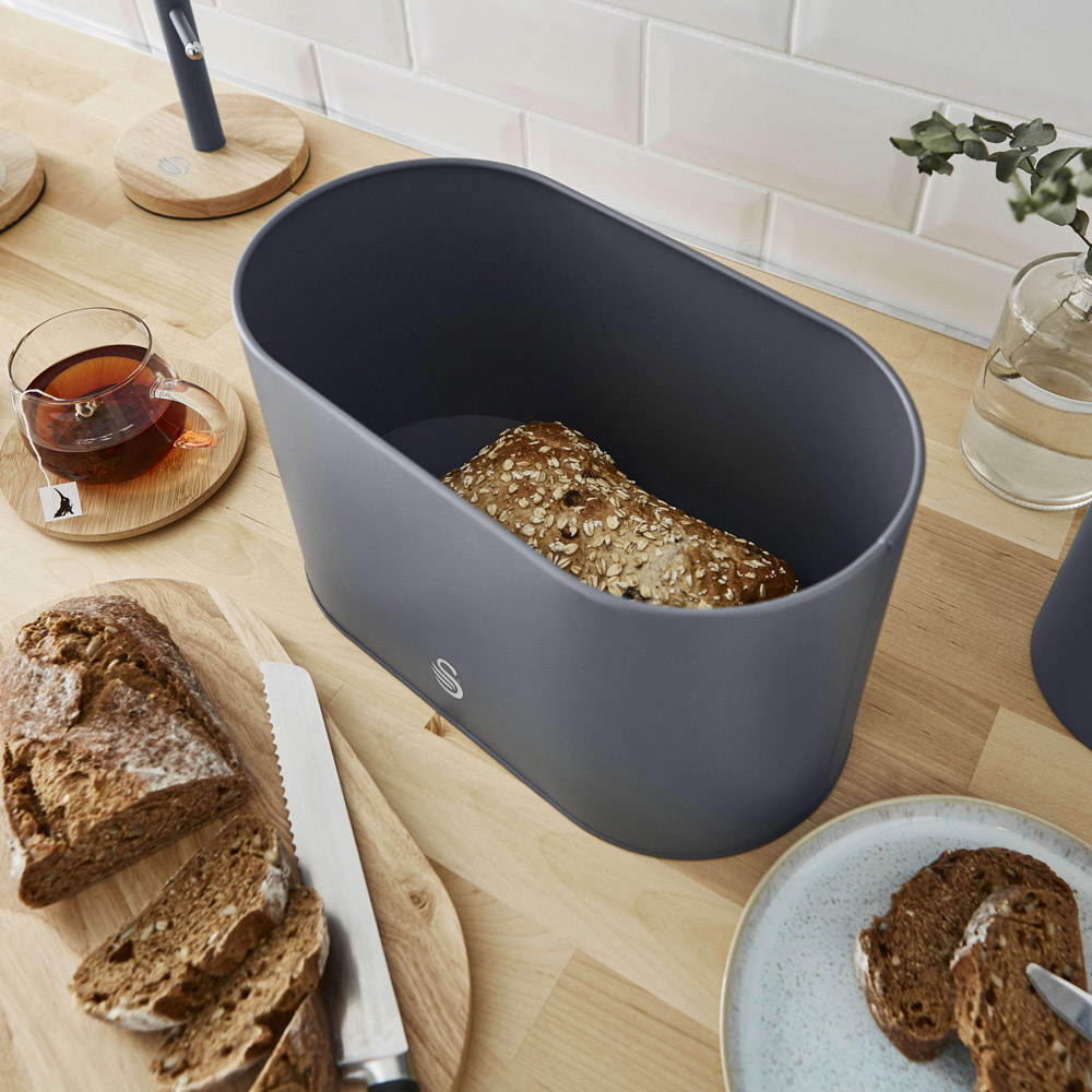 Swan Slate Grey Bread Bin with Wooden Lid Image 6
