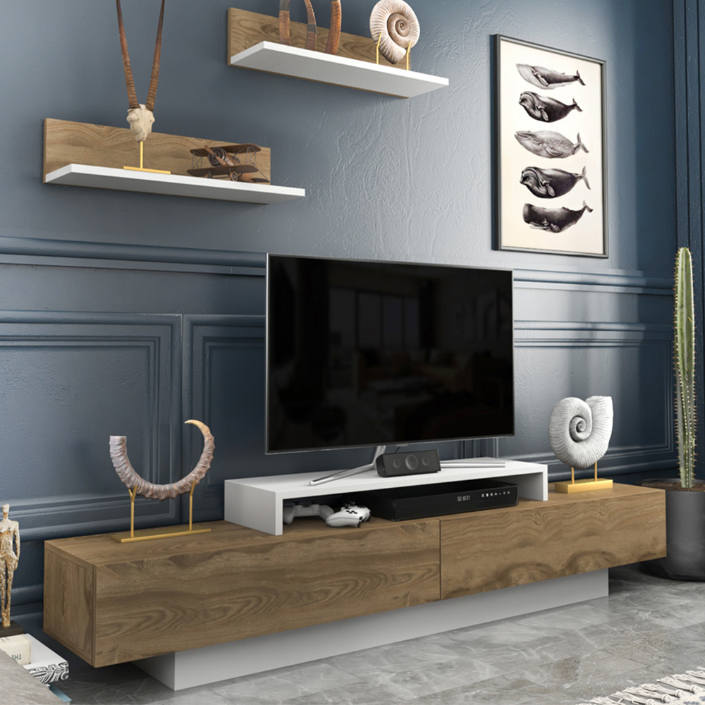 Decorotika Lusi 2 Door Single Shelf White and Oud TV Unit with 2 Wall Shelf Image 1