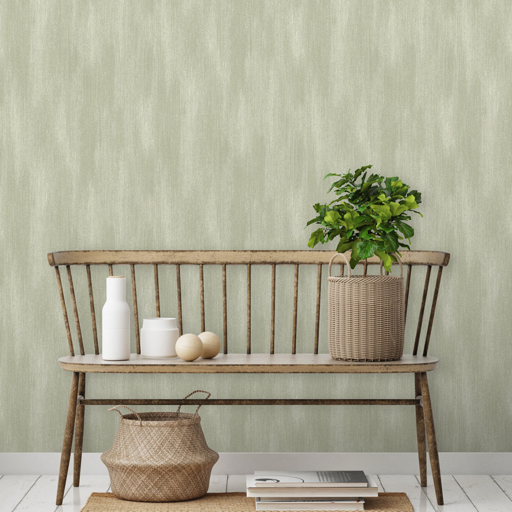 Grandeco Distressed Fabric Effect Plain Sage Green Wallpaper Image 2