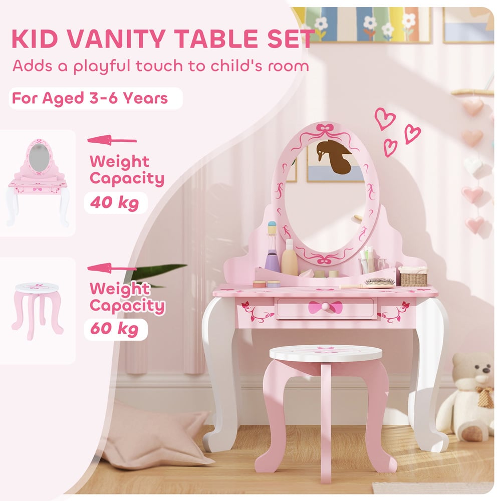 AIYAPLAY 2 Piece Pink Round Mirror Kids Dressing Table Set Image 8