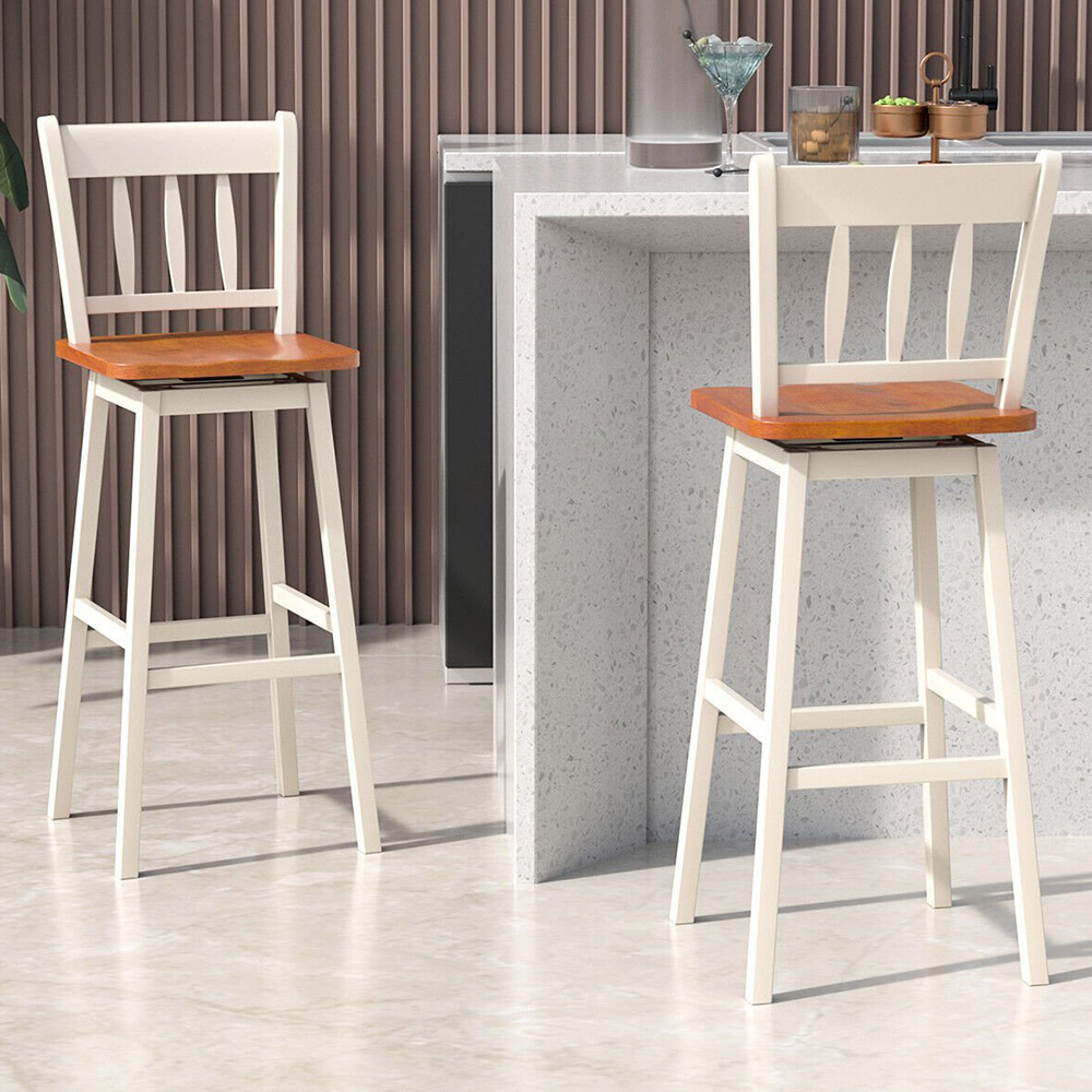 Costway Cream Swivel Rubber Wood Bar Stool Set of 2 Image 1