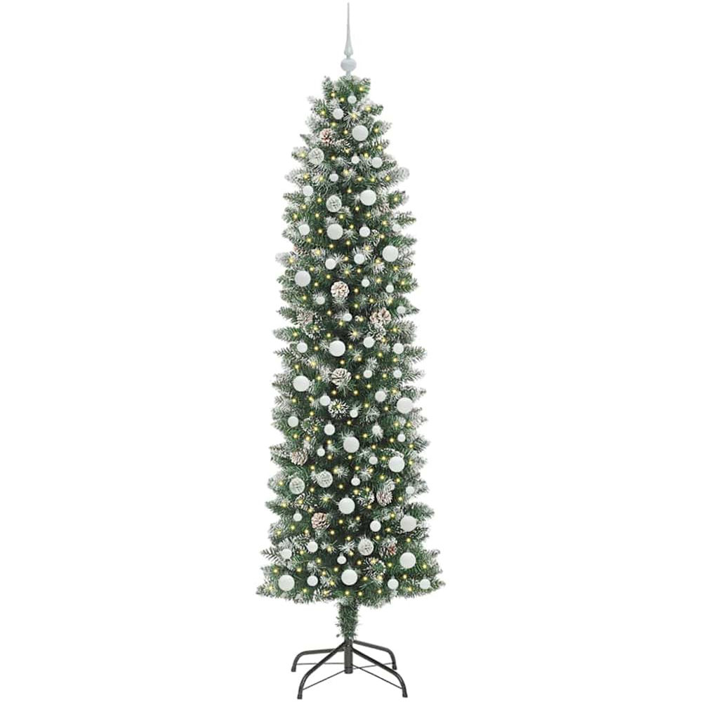 vidaXL Pre-Lit Warm White LED and White Baubles Green Slim Artificial Christmas Tree 8ft Image 1