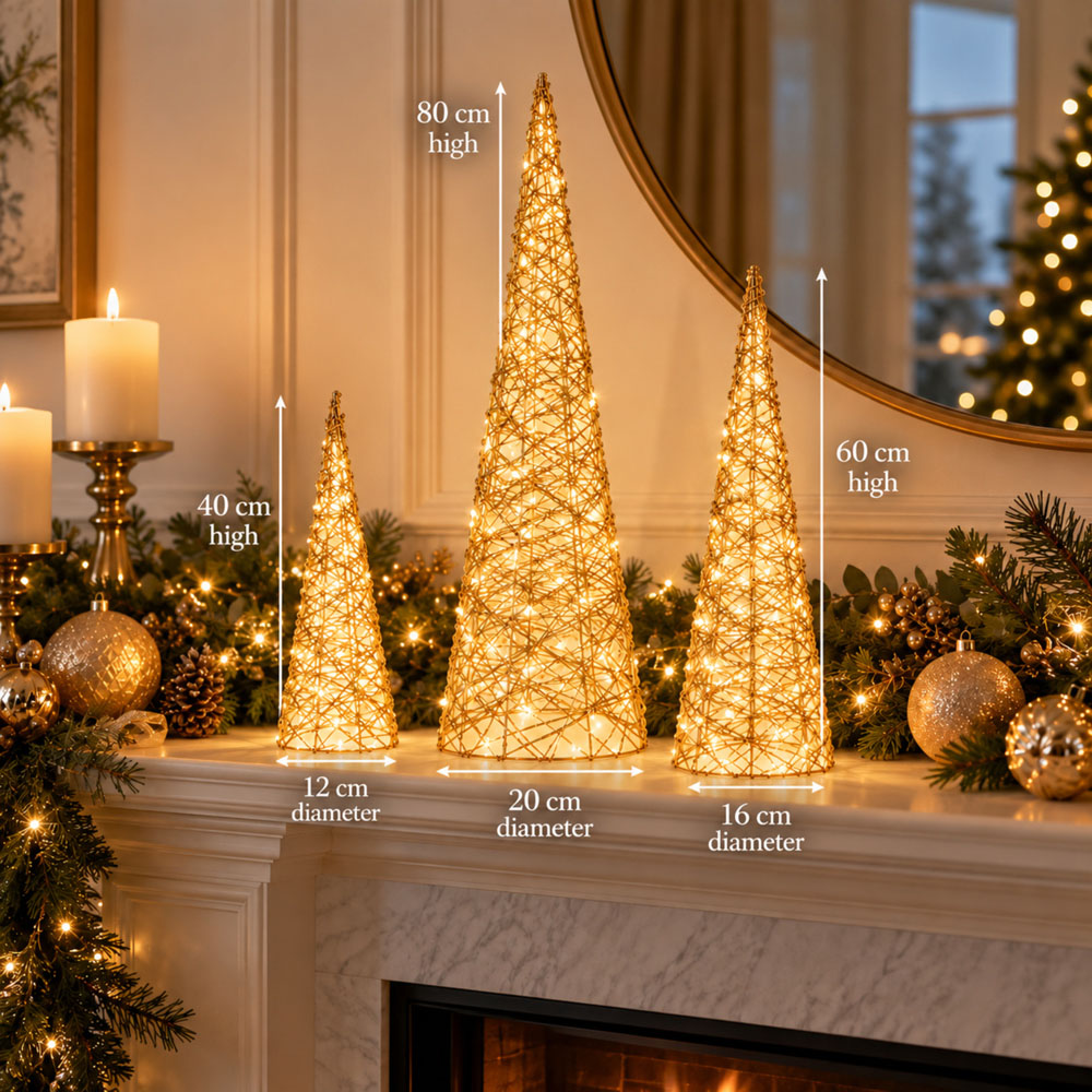 Samuel Alexander 3 Piece Warm White LED Light-Up Gold Weave Christmas Cone Tree Set Image 5