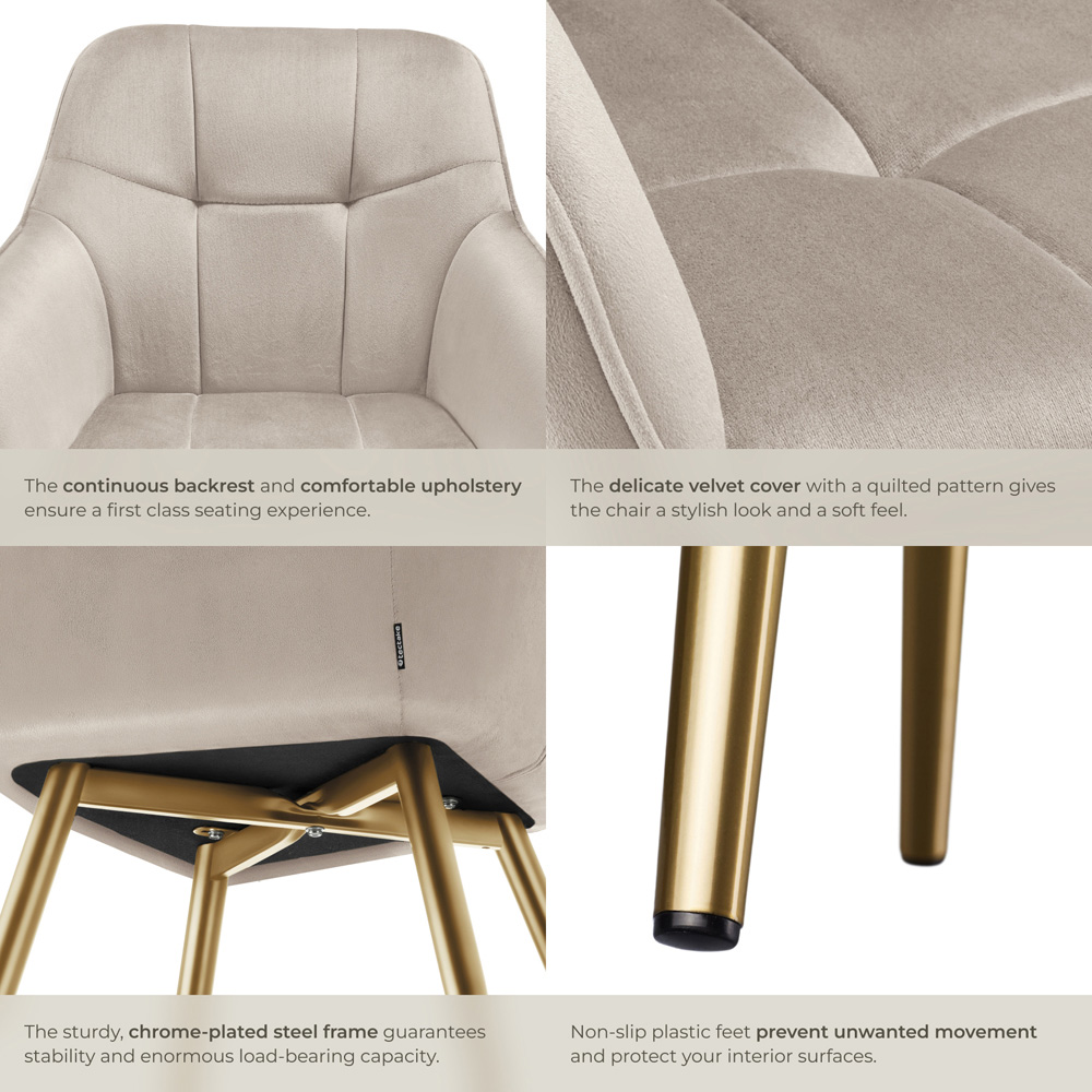 Tectake Marilyn Tauper and Gold Quilted Velvet Continuous Backrest Chair Set of 2 Image 5