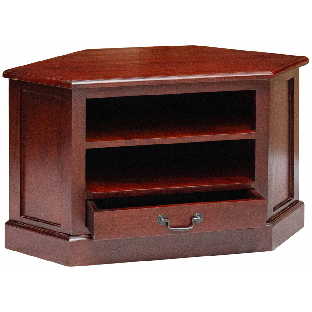 vidaXL Single Drawer 2 Shelf Brown Solid Mahogany Wood Corner TV Cabinet Image 4