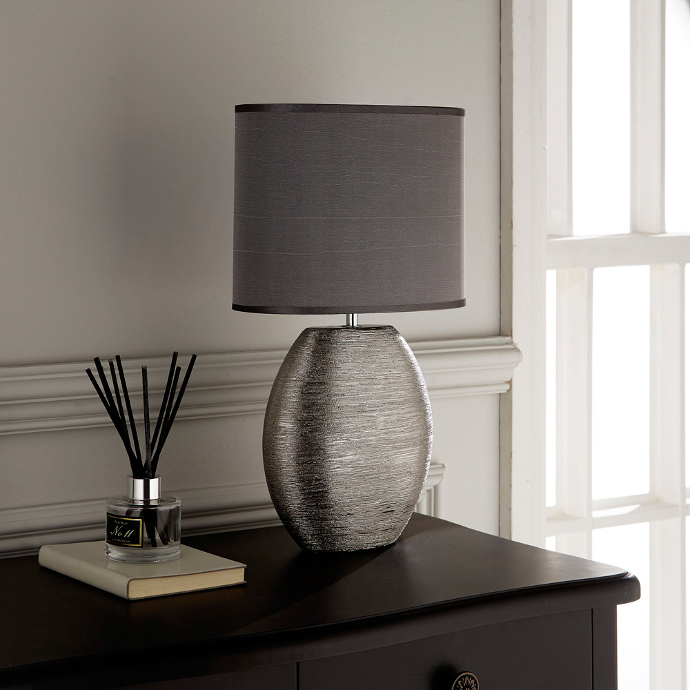 Kliving Waltham Satin Shade Brushed Silver Ceramic Table Lamp Image 2