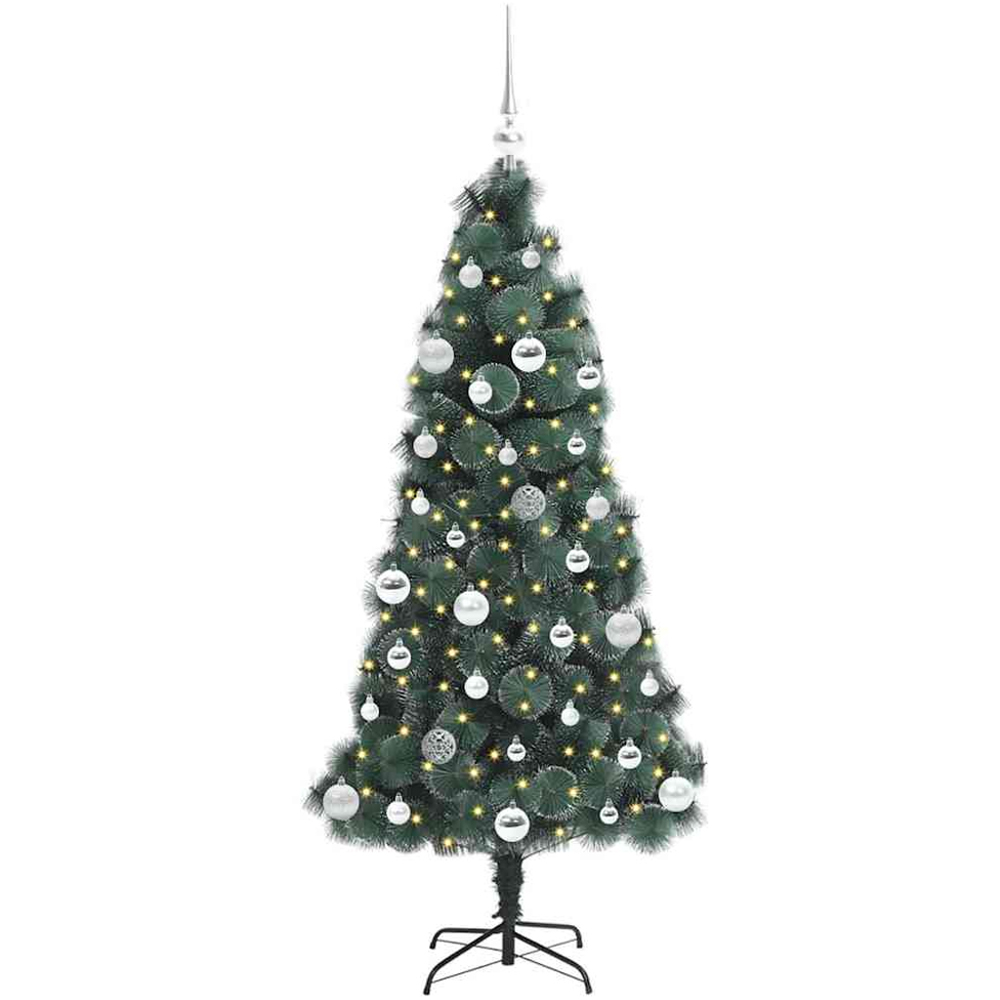 vidaXL Pre-Lit Silver Baubles Green Artificial Christmas Tree 5ft Image 1