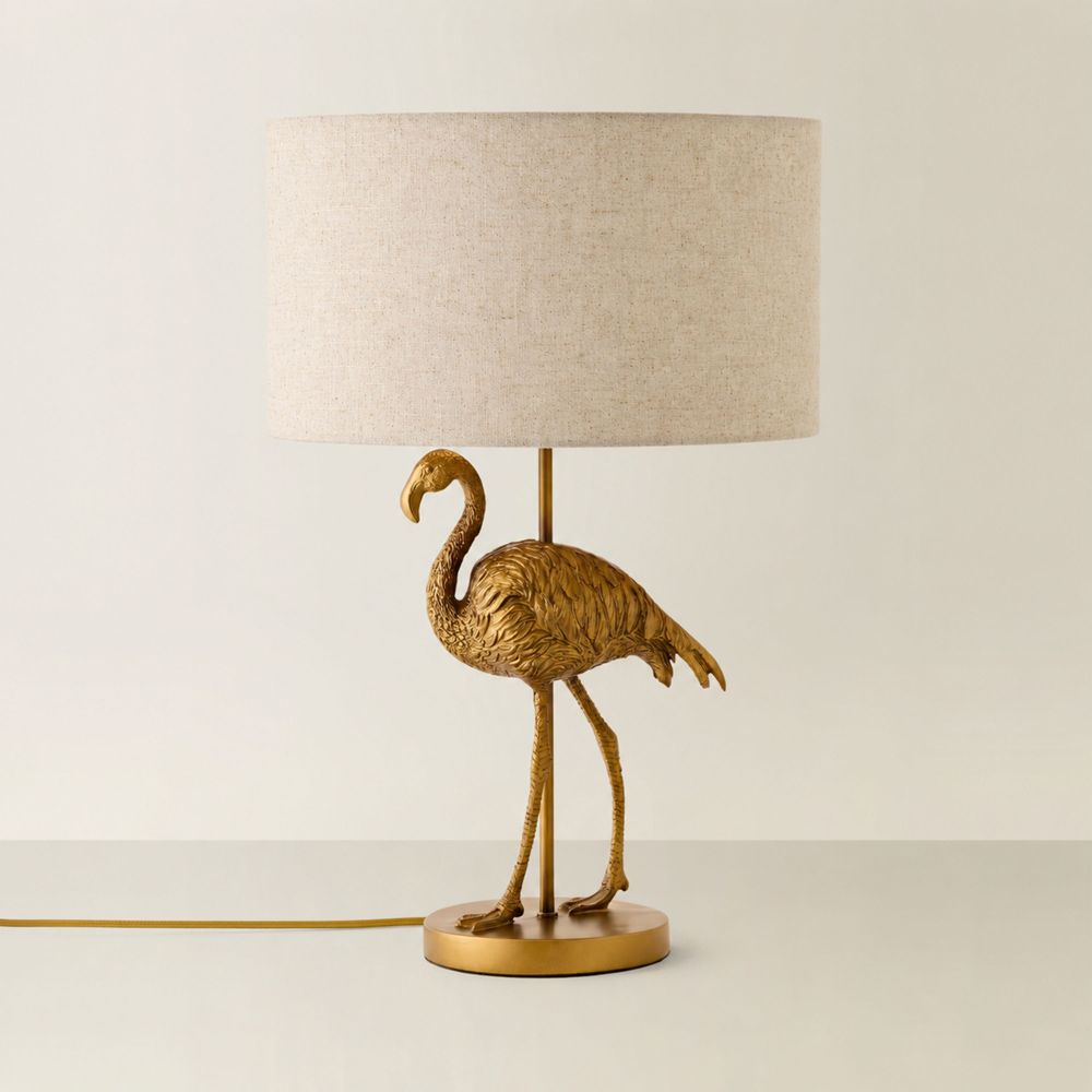 ValueLights Flo Flamingo Linen Drum Shade Brushed Bronze Table Lamp with Bulb Image 3