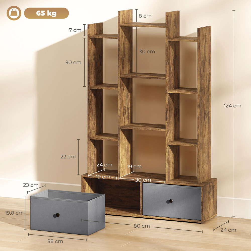 Portland 2 Drawer 12 Shelf Rustic Brown Bookcase Image 9