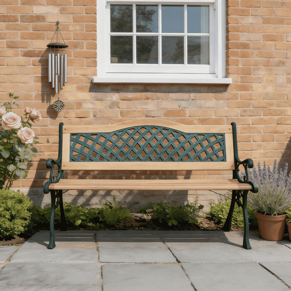 Home Source Lorien 2 Seater Verdigris Metal Wood Garden Bench Image 4
