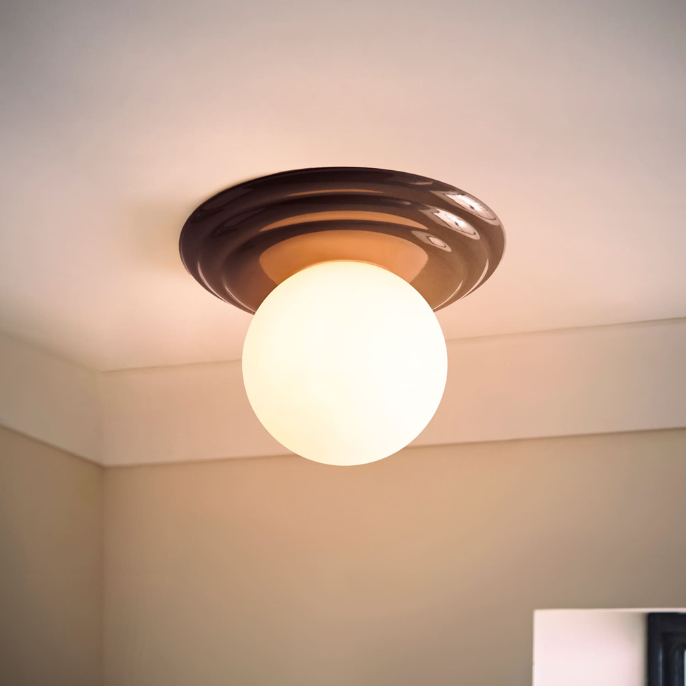 ValueLights Rue Frosted Glass Shade Chocolate Ribbed Ceramic Base Flush Ceiling Light with Bulb Image 2