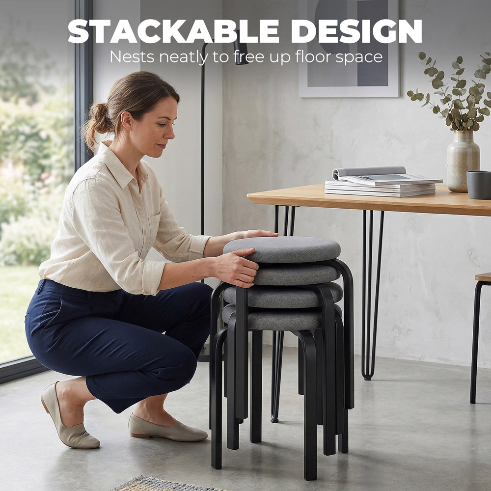 HOMCOM Dark Grey Stackable Cushioned Stool Set of 4 Image 7